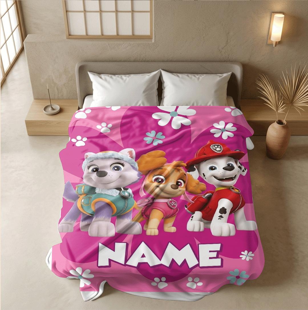 PAW Patrol Rescue Squad, Pink Floral Blanket, Hero Dog Throw, Cute Girls Bedding, Nursery Room Gift