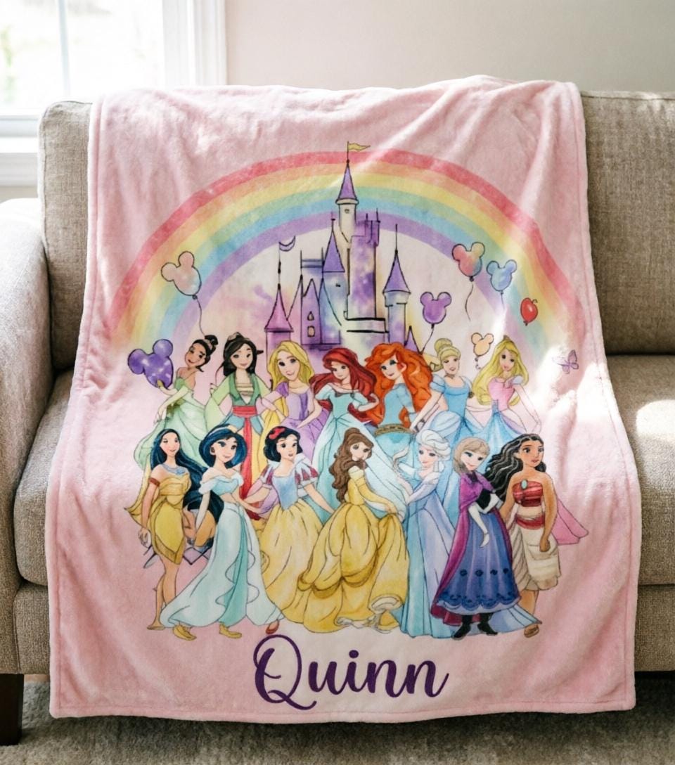 Personalized Disney Princess Blanket Soft Throw, Custom Name Girls Cozy Nursery Throw