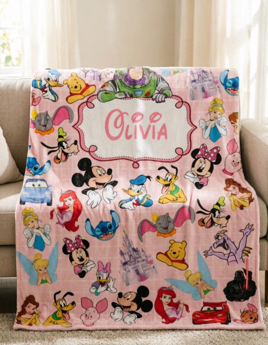 Personalized Disney Collage Blanket Soft Throw, Custom Name Kids Cozy Throw