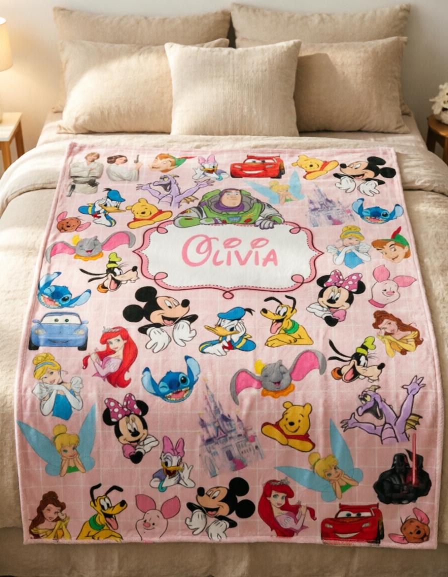 Personalized Disney Collage Blanket Soft Throw, Custom Name Kids Cozy Throw