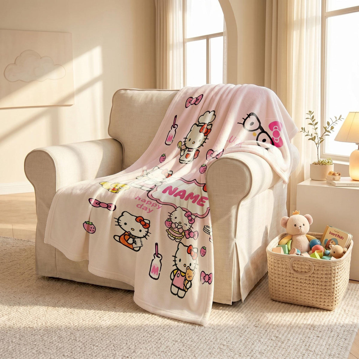 Hello Kitty Daily Life Blanket, Sanrio Cute Chores Throw, Pink Kawaii Bedding, Sweet Girls Room Gift