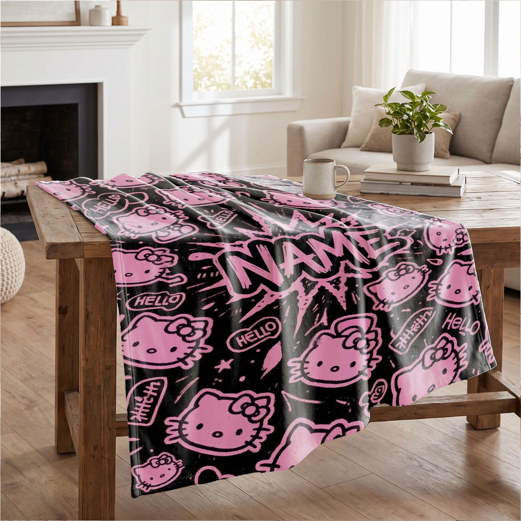 Hello Kitty Graffiti Blanket, Black Pink Pop Art Throw, Sanrio Comic Bedding, Cool Girls Room Gift