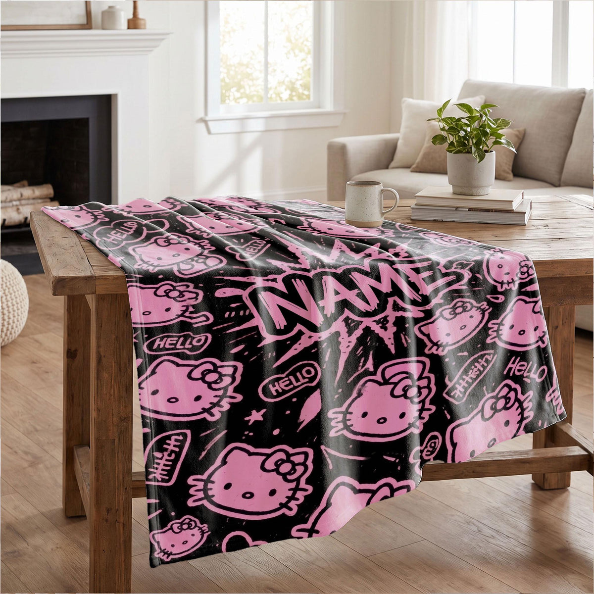 Hello Kitty Graffiti Blanket, Black Pink Pop Art Throw, Sanrio Comic Bedding, Cool Girls Room Gift