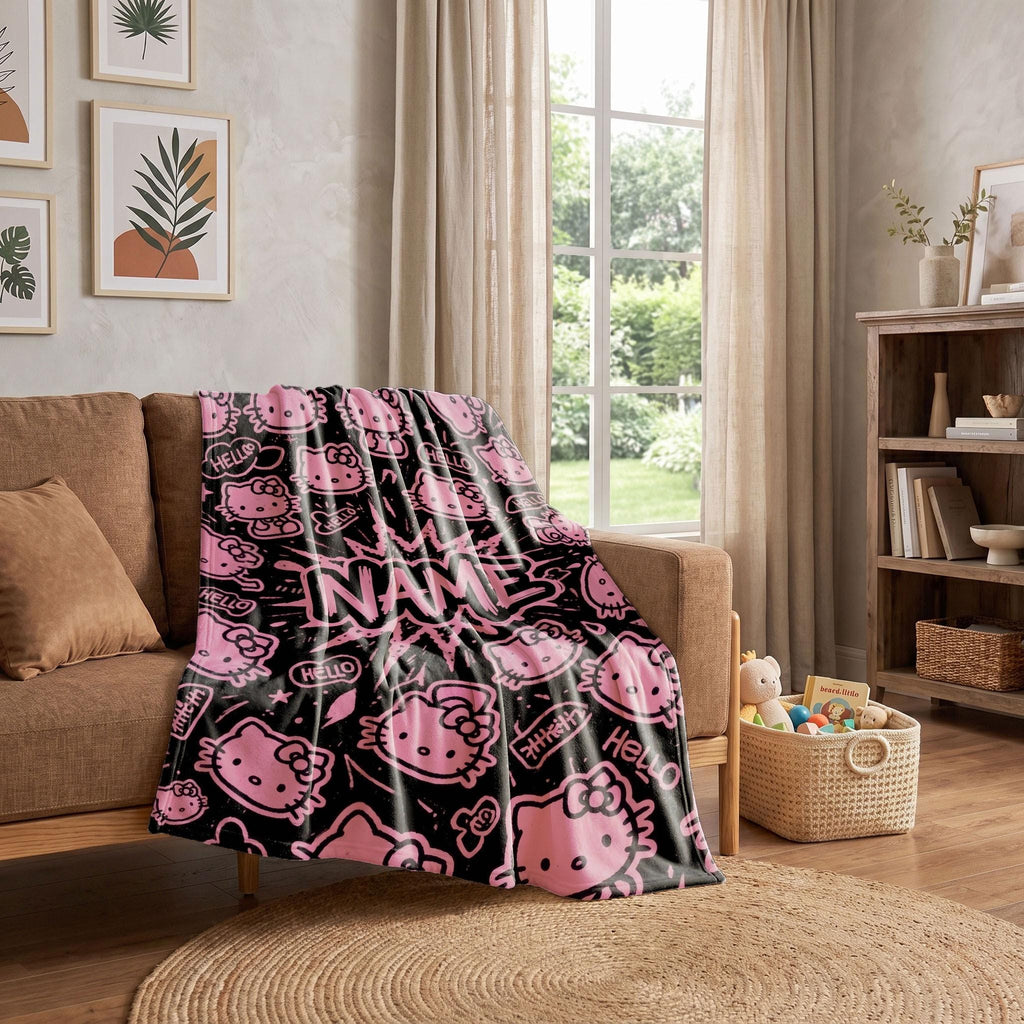 Hello Kitty Graffiti Blanket, Black Pink Pop Art Throw, Sanrio Comic Bedding, Cool Girls Room Gift