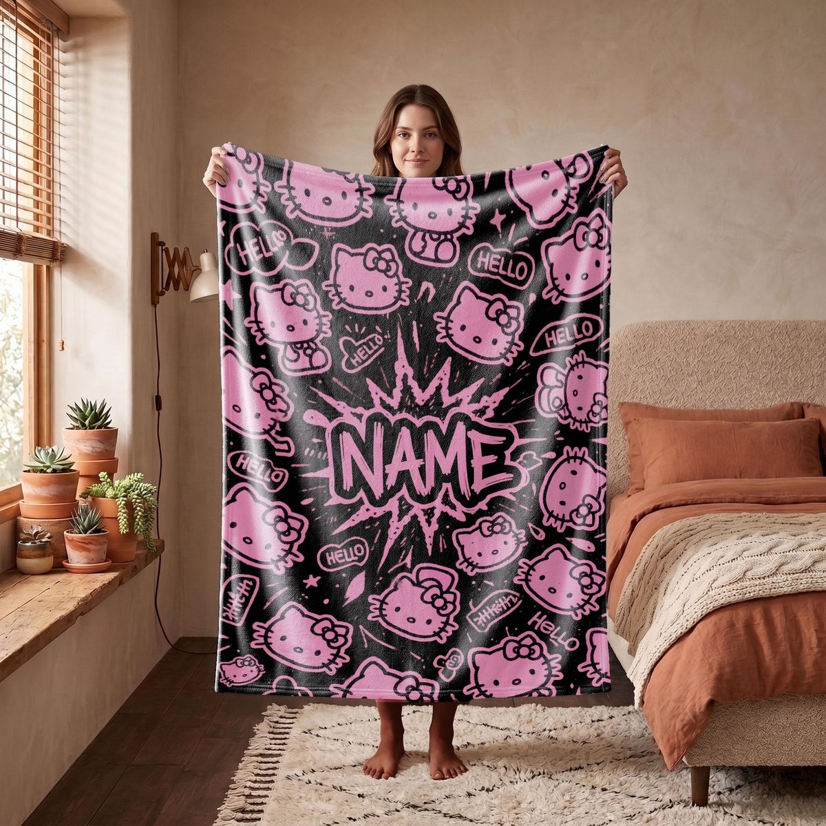 Hello Kitty Graffiti Blanket, Black Pink Pop Art Throw, Sanrio Comic Bedding, Cool Girls Room Gift