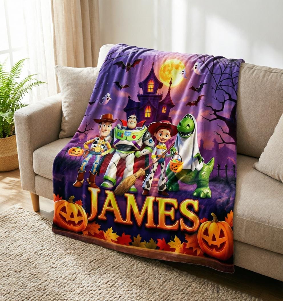 Custom Name Toy Story Blanket Soft Throw, Spooky Castle Ghost Design, Unique Keepsake Present For Young Children Festive Season