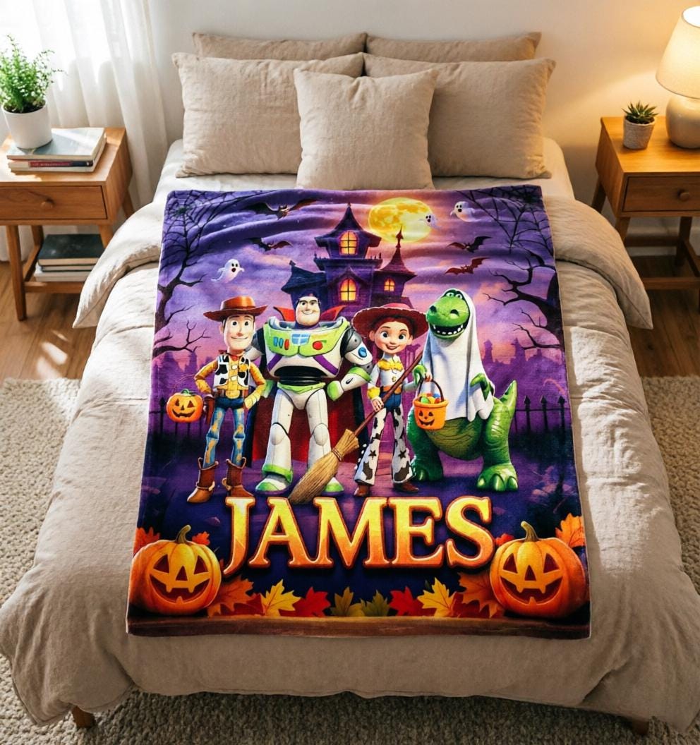 Custom Name Toy Story Blanket Soft Throw, Spooky Castle Ghost Design, Unique Keepsake Present For Young Children Festive Season