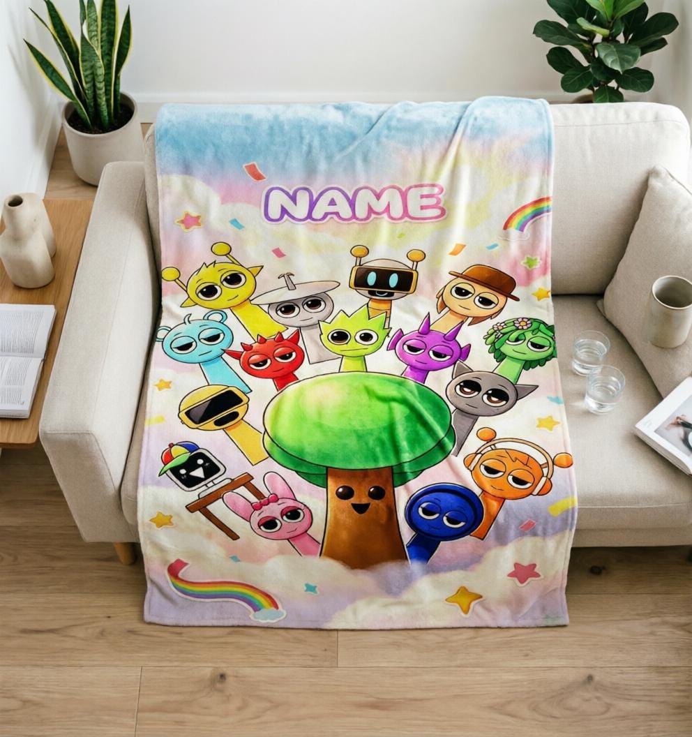 Personalized Sprunki Blanket Soft Throw, Custom Name Gaming Throw, Kids Birthday Present
