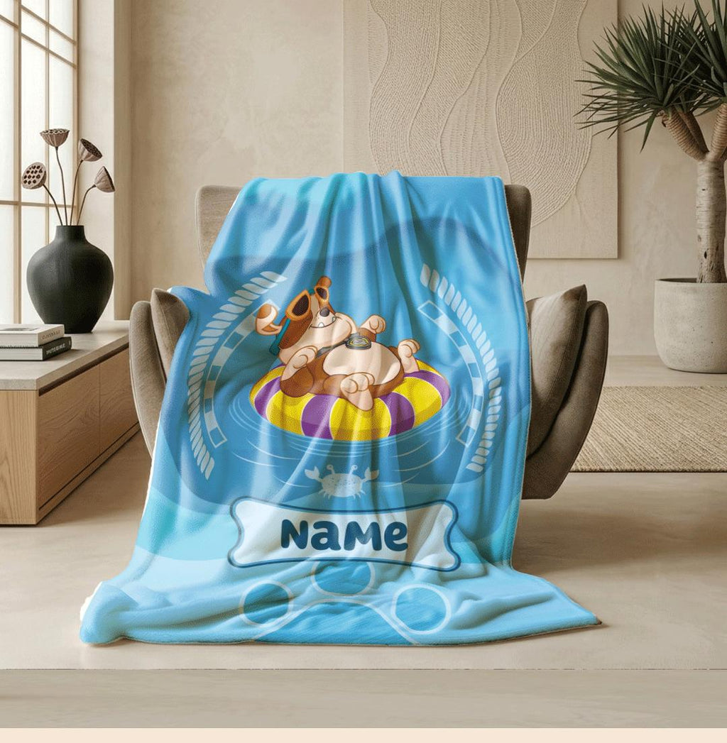 PAW Patrol Rubble Blanket, Summer Pool Dog Throw, Blue Water Rescue Bedding, Boys Vacation Gift