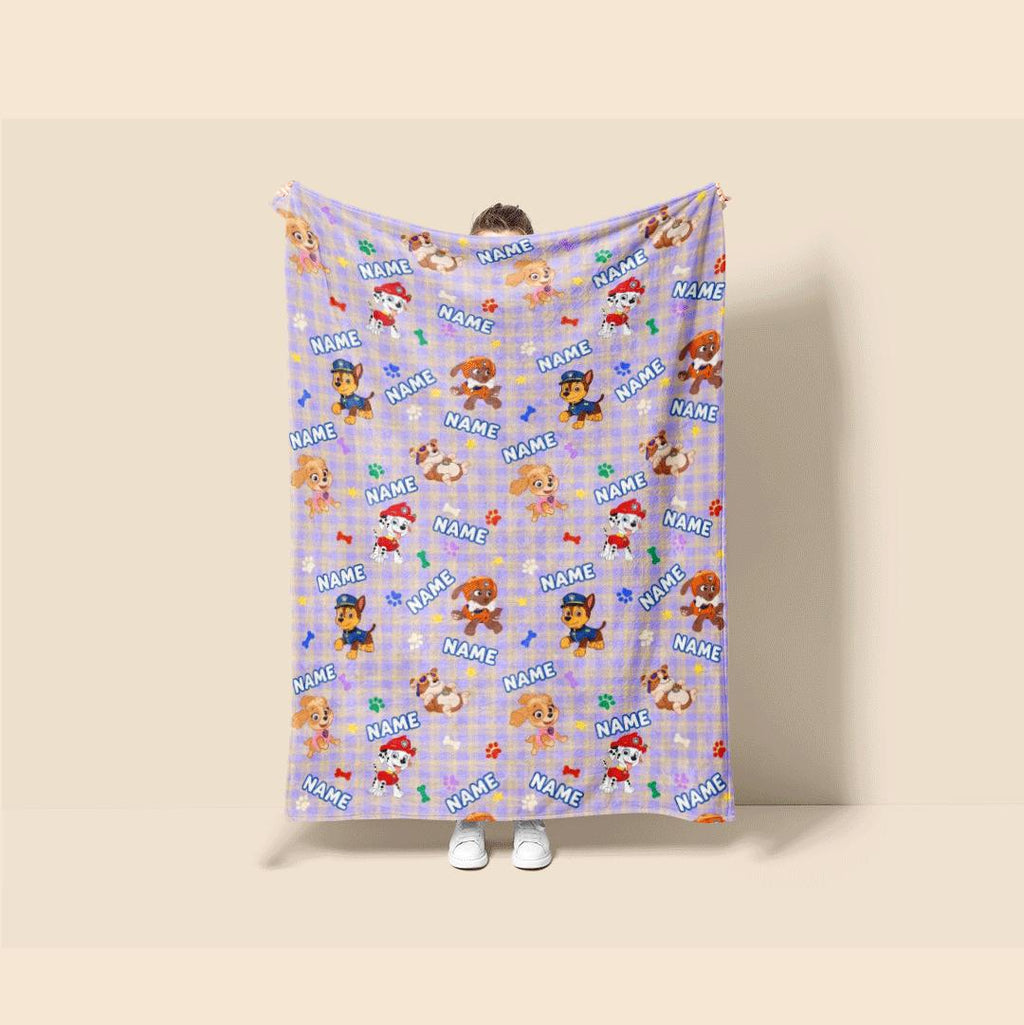 Multi Name PAW Patrol Blanket, Purple Plaid Hero Throw, Cartoon Rescue Pup Bedding, Kids Fan Gift