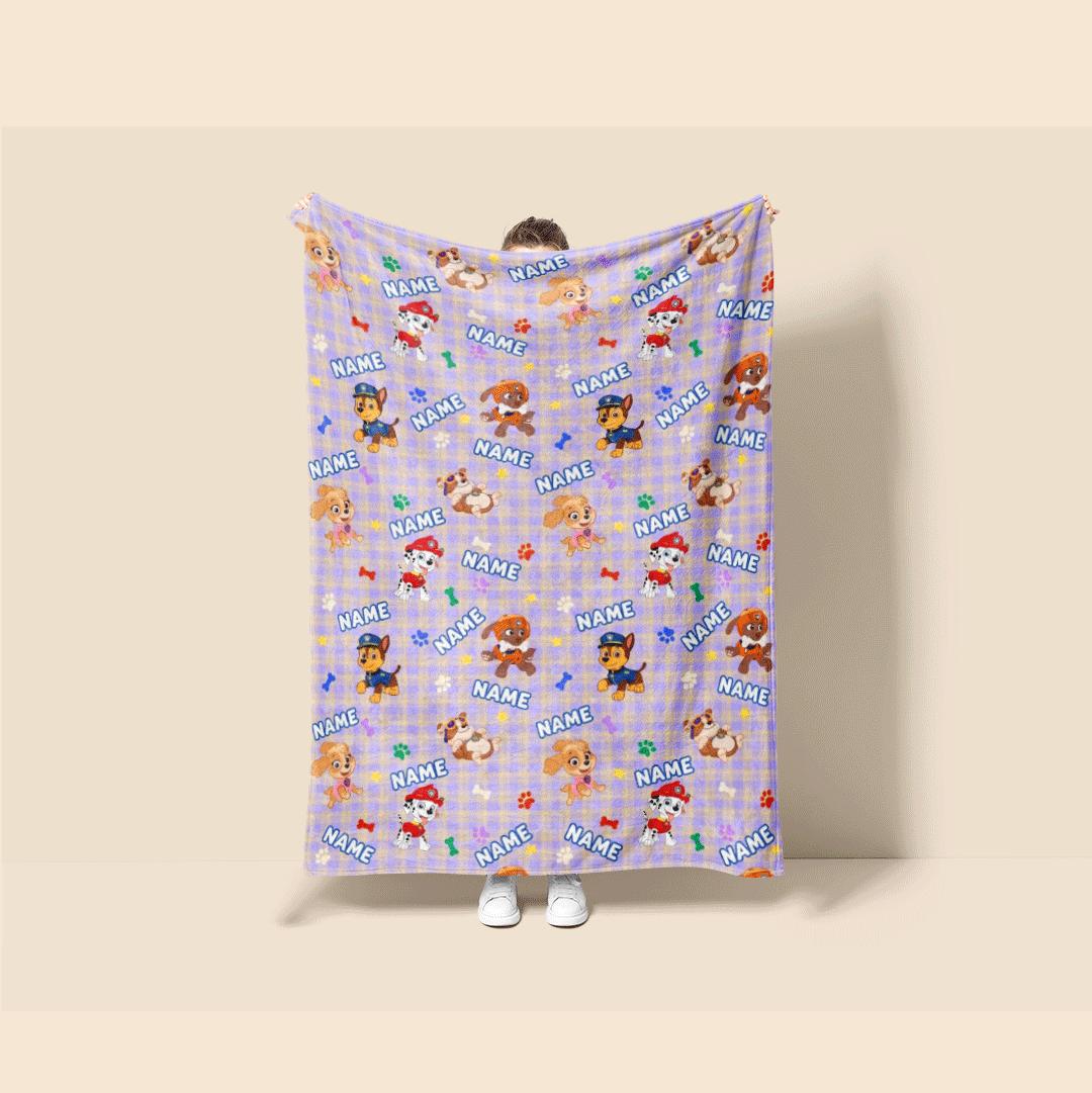 Multi Name PAW Patrol Blanket, Purple Plaid Hero Throw, Cartoon Rescue Pup Bedding, Kids Fan Gift