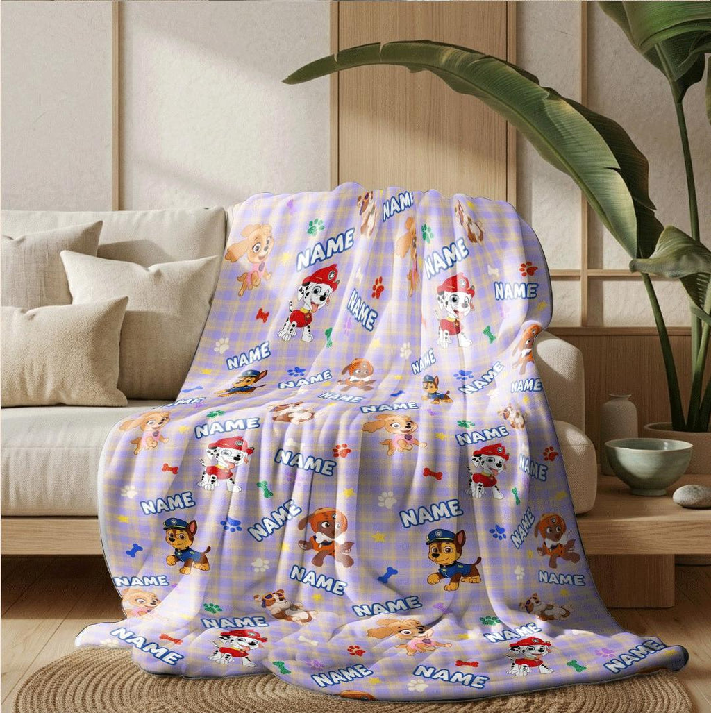 Multi Name PAW Patrol Blanket, Purple Plaid Hero Throw, Cartoon Rescue Pup Bedding, Kids Fan Gift