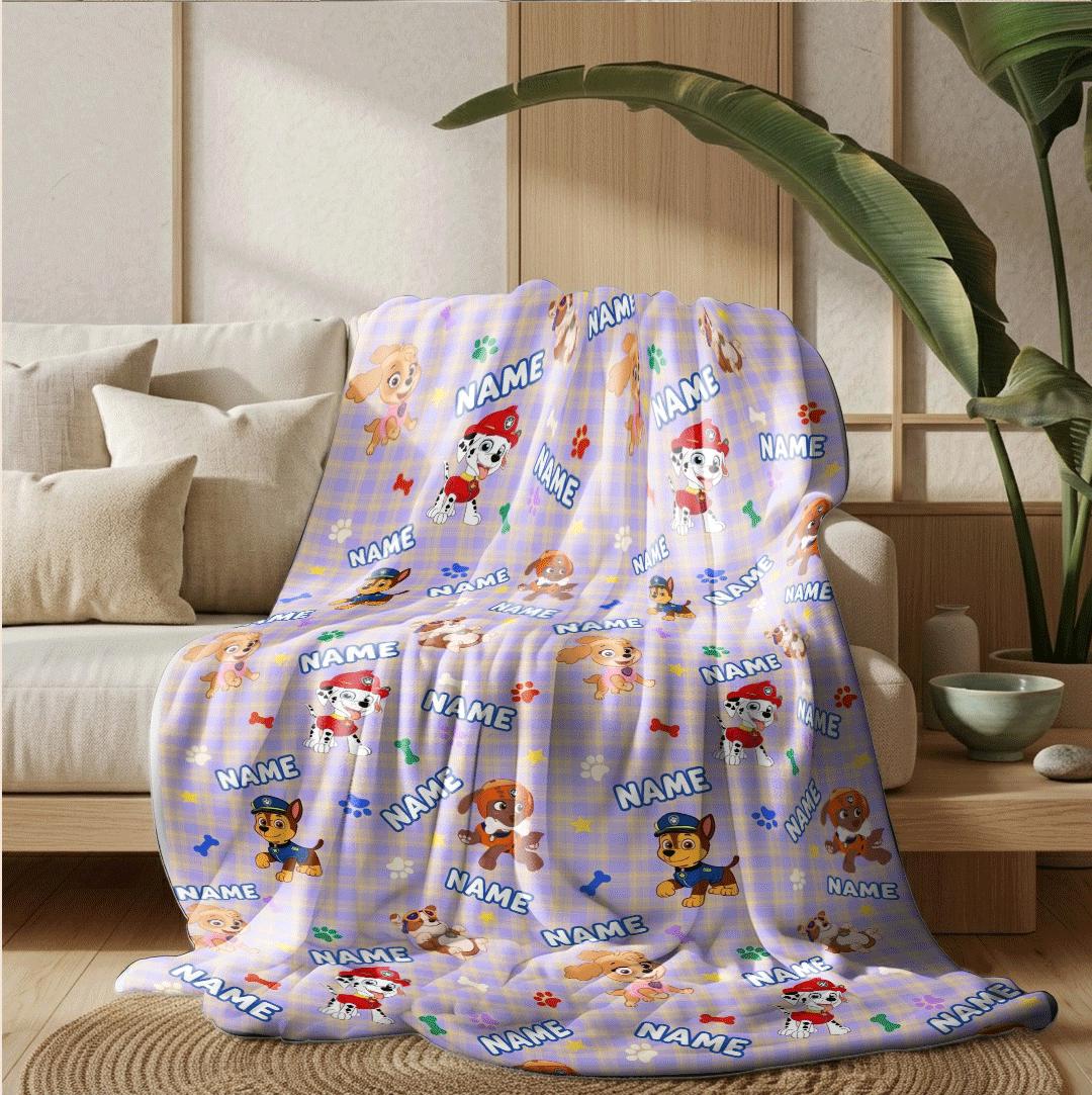 Multi Name PAW Patrol Blanket, Purple Plaid Hero Throw, Cartoon Rescue Pup Bedding, Kids Fan Gift