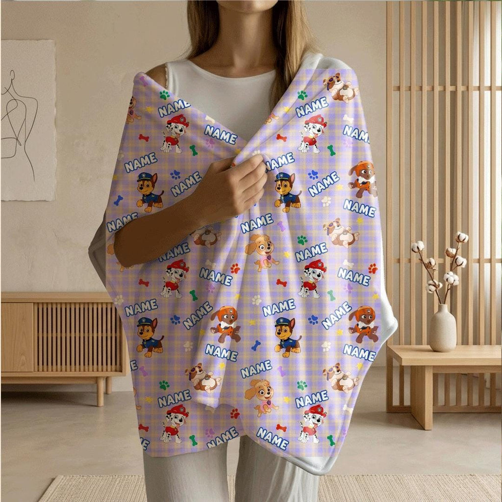 Multi Name PAW Patrol Blanket, Purple Plaid Hero Throw, Cartoon Rescue Pup Bedding, Kids Fan Gift