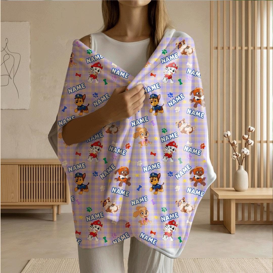 Multi Name PAW Patrol Blanket, Purple Plaid Hero Throw, Cartoon Rescue Pup Bedding, Kids Fan Gift