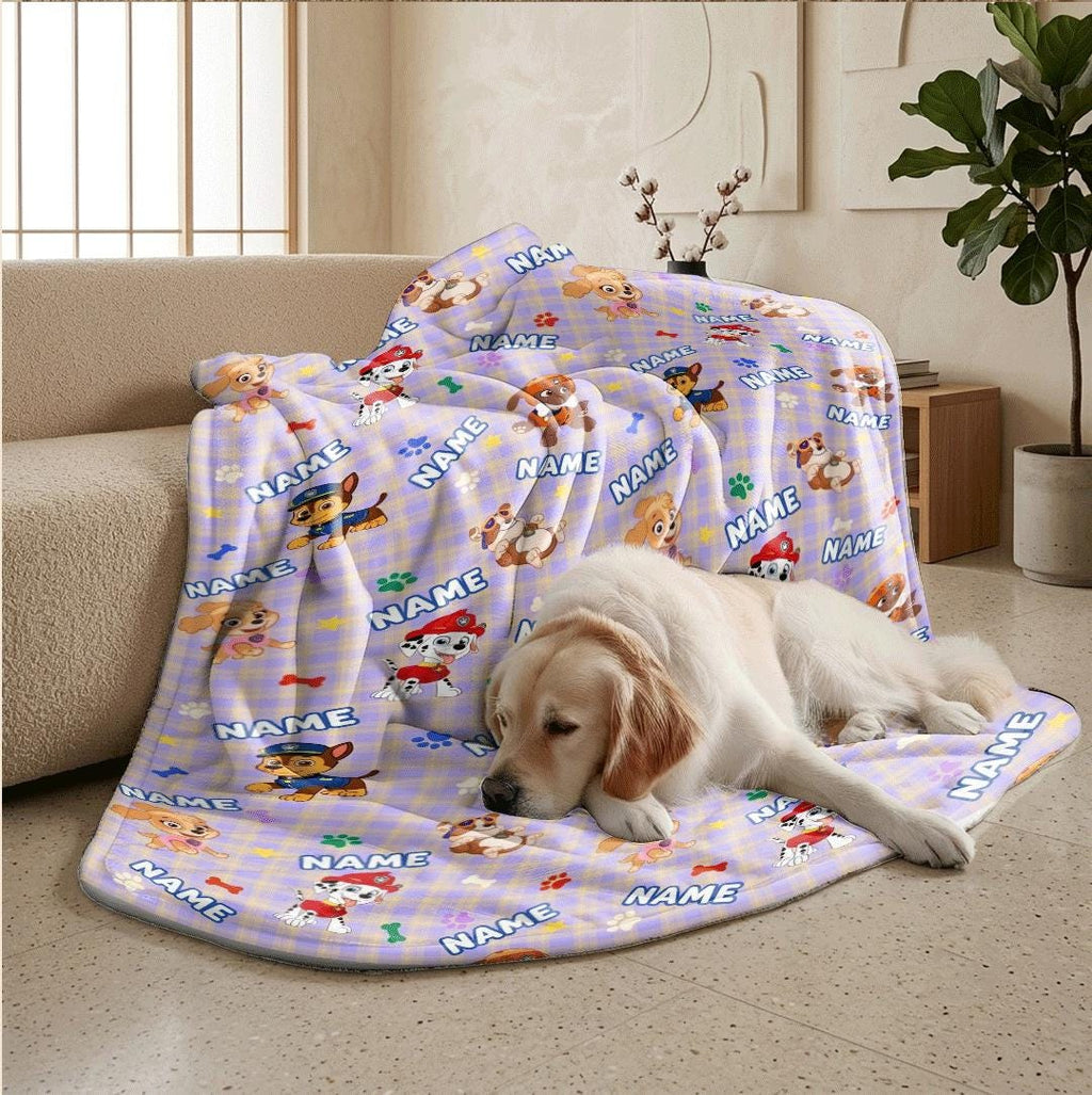 Multi Name PAW Patrol Blanket, Purple Plaid Hero Throw, Cartoon Rescue Pup Bedding, Kids Fan Gift