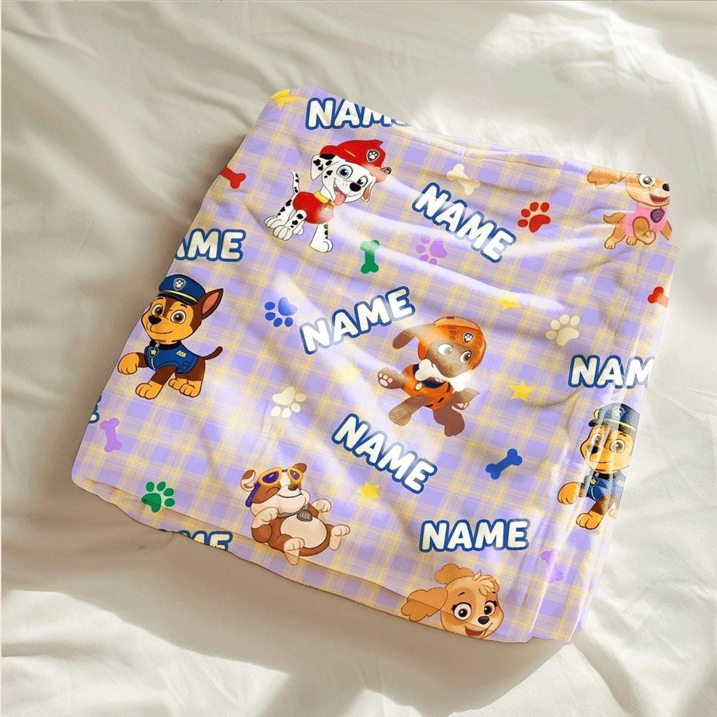 Multi Name PAW Patrol Blanket, Purple Plaid Hero Throw, Cartoon Rescue Pup Bedding, Kids Fan Gift