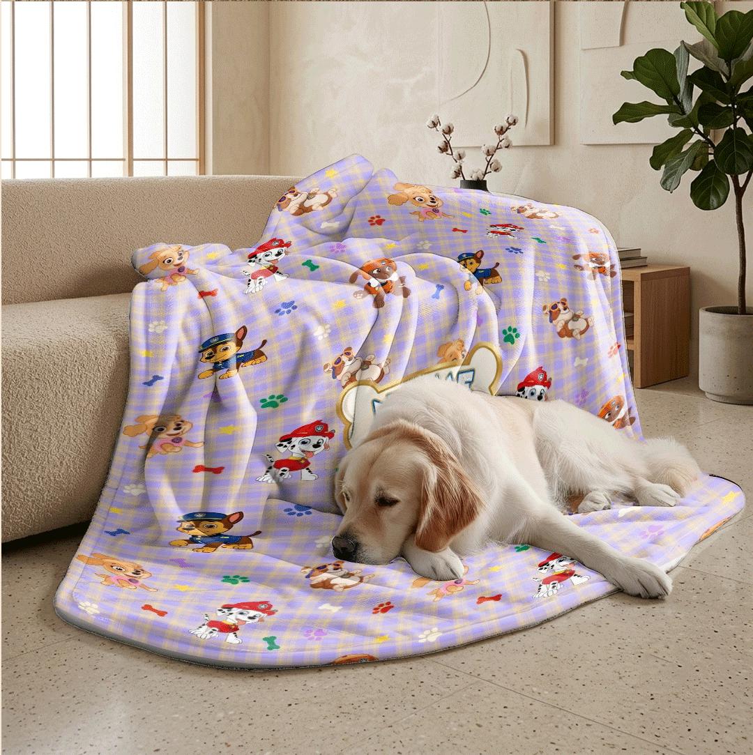 PAW Patrol Plaid Blanket, Purple Cartoon Dog Throw, Hero Pup Bone Tag Bedding, Kids Fan Gift
