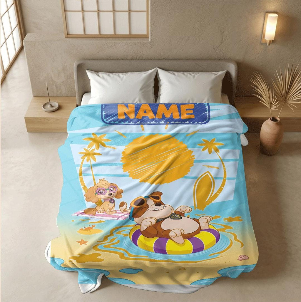 PAW Patrol Crayon Blanket, Summer Beach Dog Throw, Doodle Sun Bedding, Kids Vacation Gift