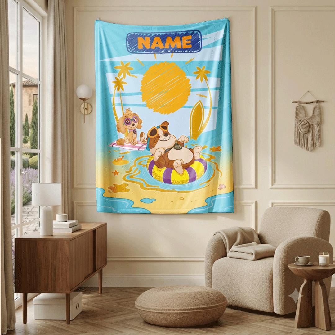 PAW Patrol Crayon Blanket, Summer Beach Dog Throw, Doodle Sun Bedding, Kids Vacation Gift