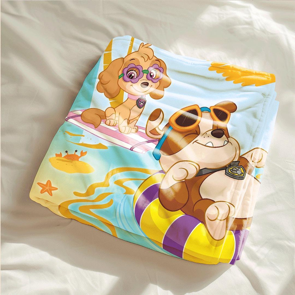 PAW Patrol Crayon Blanket, Summer Beach Dog Throw, Doodle Sun Bedding, Kids Vacation Gift