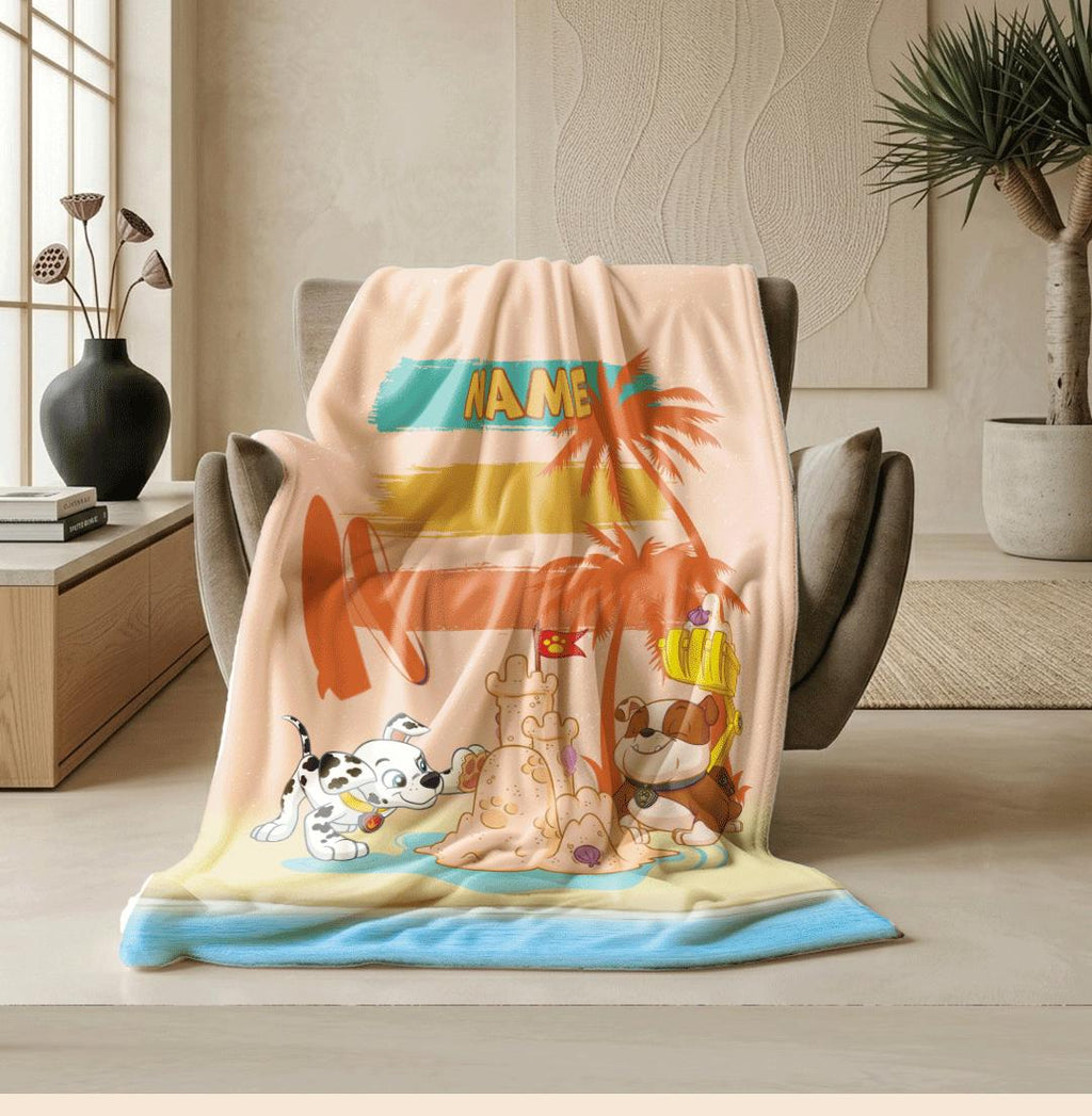 PAW Patrol Sandcastle Blanket, Retro Sunset Beach Throw, Summer Dog Bedding, Kids Vacation Gift
