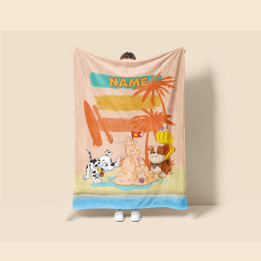 PAW Patrol Sandcastle Blanket, Retro Sunset Beach Throw, Summer Dog Bedding, Kids Vacation Gift