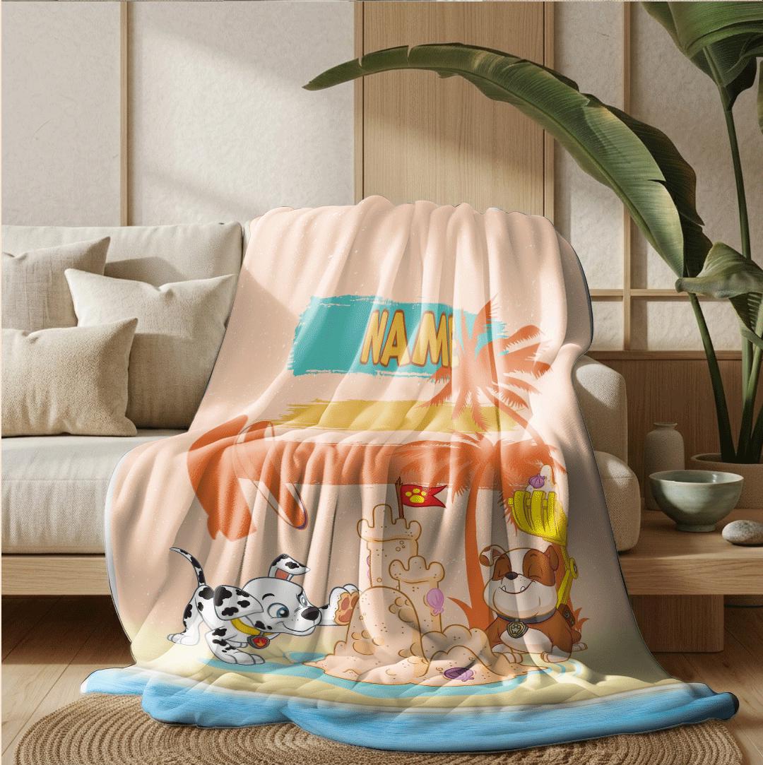 PAW Patrol Sandcastle Blanket, Retro Sunset Beach Throw, Summer Dog Bedding, Kids Vacation Gift