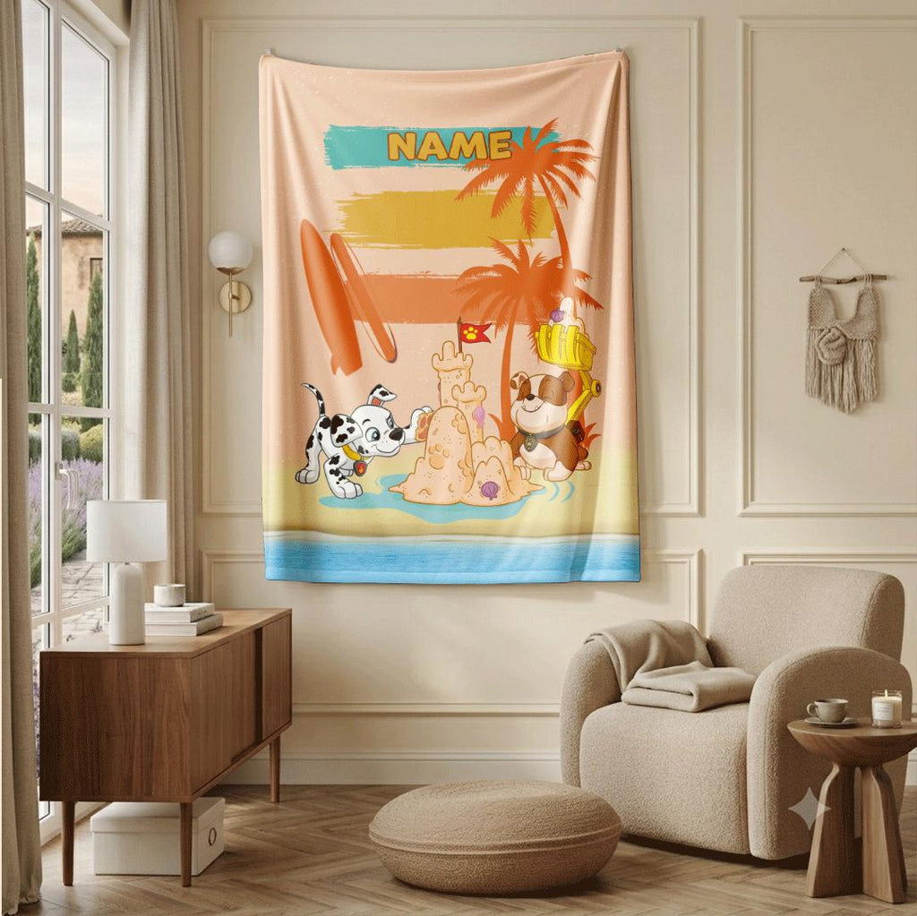 PAW Patrol Sandcastle Blanket, Retro Sunset Beach Throw, Summer Dog Bedding, Kids Vacation Gift