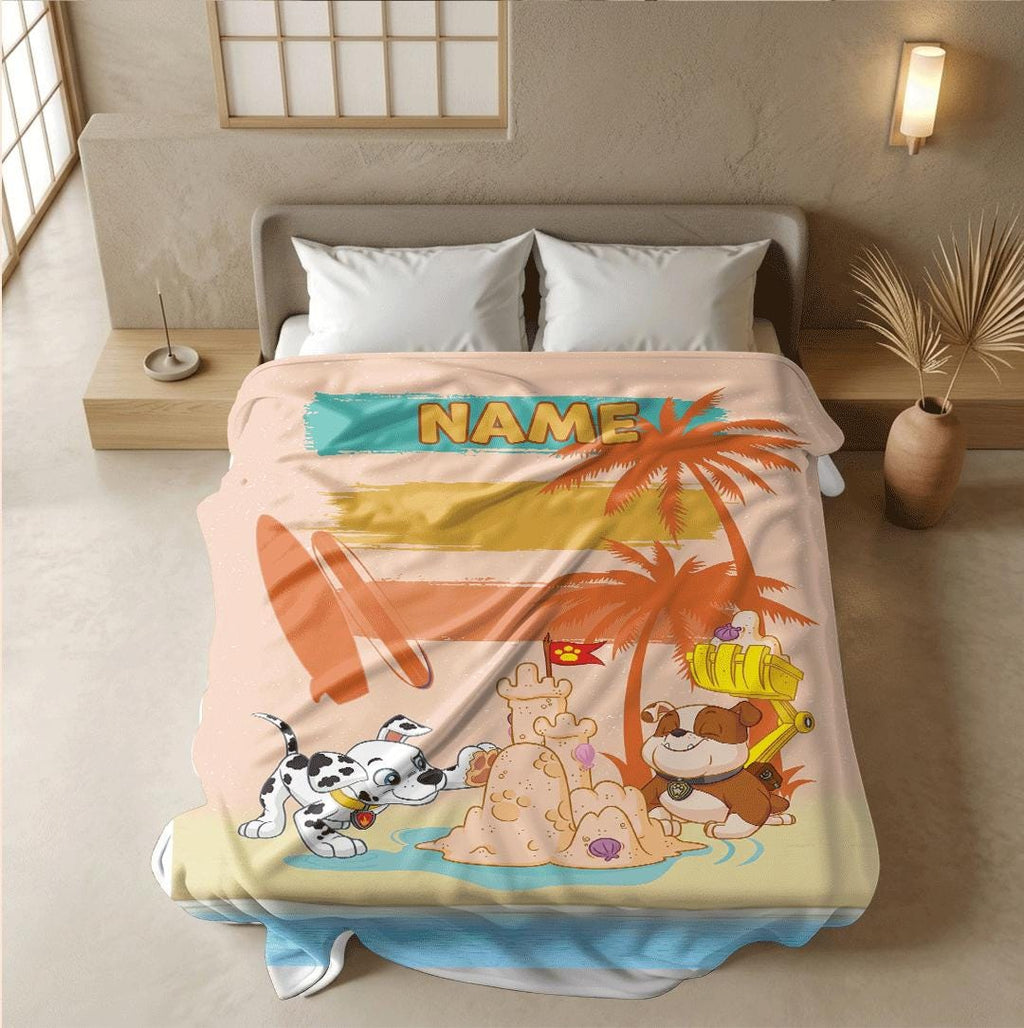 PAW Patrol Sandcastle Blanket, Retro Sunset Beach Throw, Summer Dog Bedding, Kids Vacation Gift