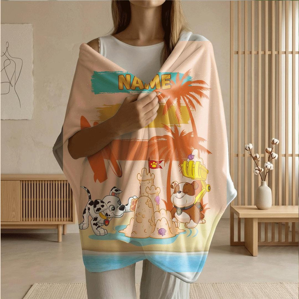 PAW Patrol Sandcastle Blanket, Retro Sunset Beach Throw, Summer Dog Bedding, Kids Vacation Gift
