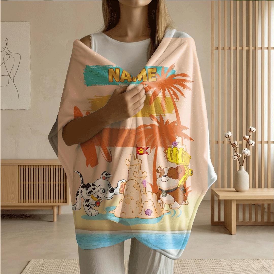 PAW Patrol Sandcastle Blanket, Retro Sunset Beach Throw, Summer Dog Bedding, Kids Vacation Gift