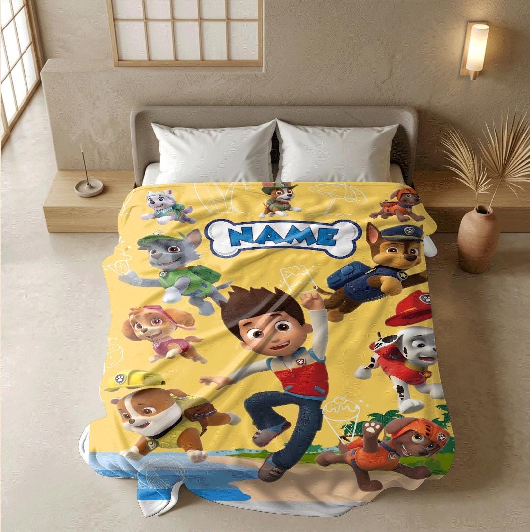 PAW Patrol Summer Blanket, Yellow Beach Throw, Hero Squad Bedding, Boys Vacation Gift