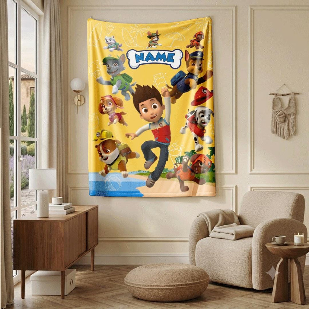 PAW Patrol Summer Blanket, Yellow Beach Throw, Hero Squad Bedding, Boys Vacation Gift