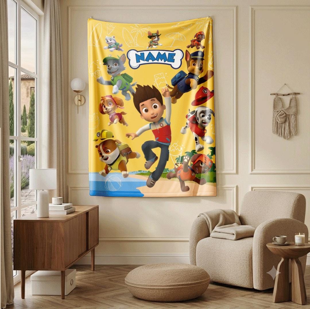 PAW Patrol Summer Blanket, Yellow Beach Throw, Hero Squad Bedding, Boys Vacation Gift