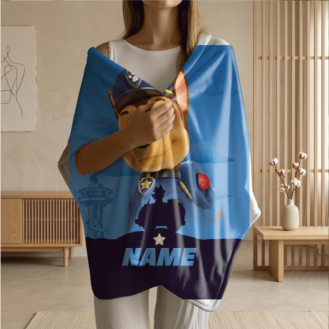PAW Patrol Chase Blanket, Blue Police Car Throw, Hero Dog Silhouette Bedding, Brave Boys Room Gift