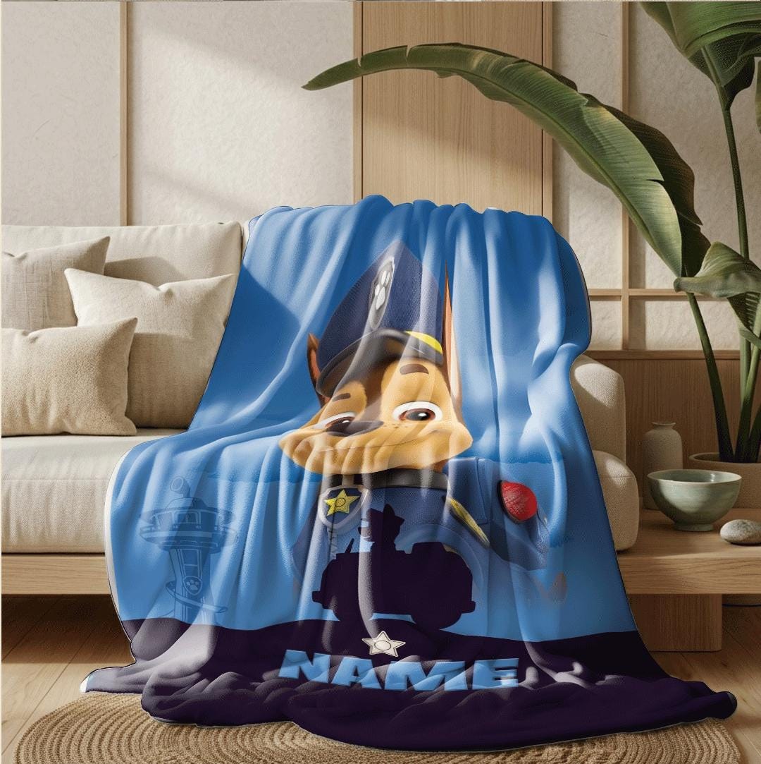 PAW Patrol Chase Blanket, Blue Police Car Throw, Hero Dog Silhouette Bedding, Brave Boys Room Gift