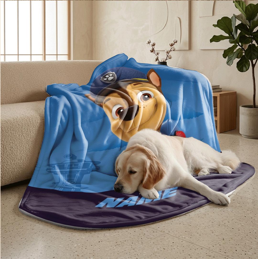 PAW Patrol Chase Blanket, Blue Police Car Throw, Hero Dog Silhouette Bedding, Brave Boys Room Gift