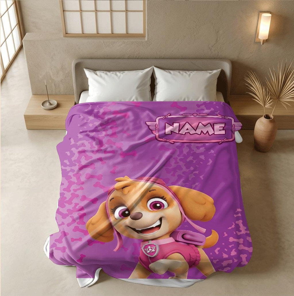 PAW Patrol Skye Blanket, Pink Bone Pattern Throw, Cartoon Rescue Pup Bedding, Girls Room Gift