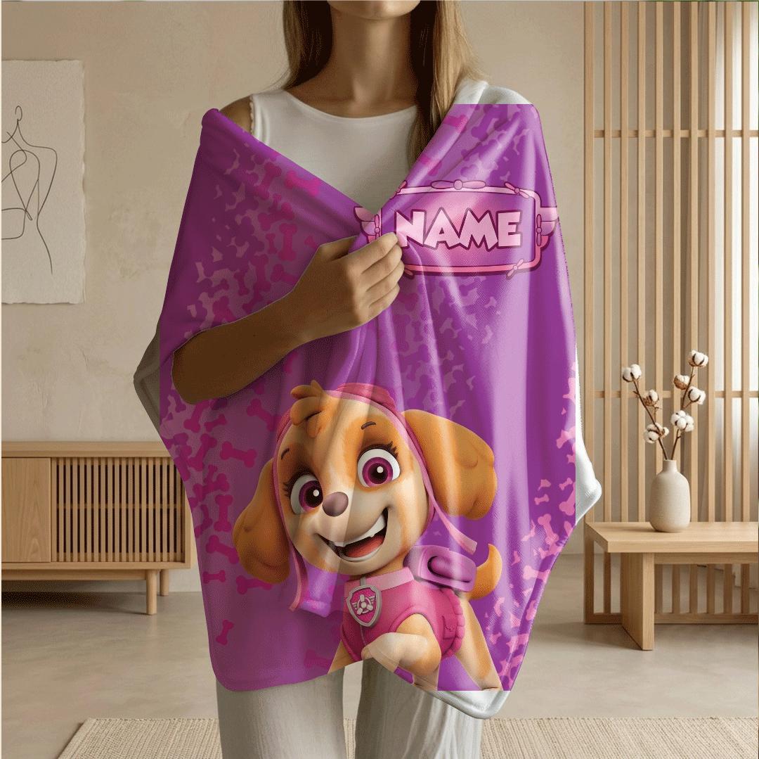 PAW Patrol Skye Blanket, Pink Bone Pattern Throw, Cartoon Rescue Pup Bedding, Girls Room Gift