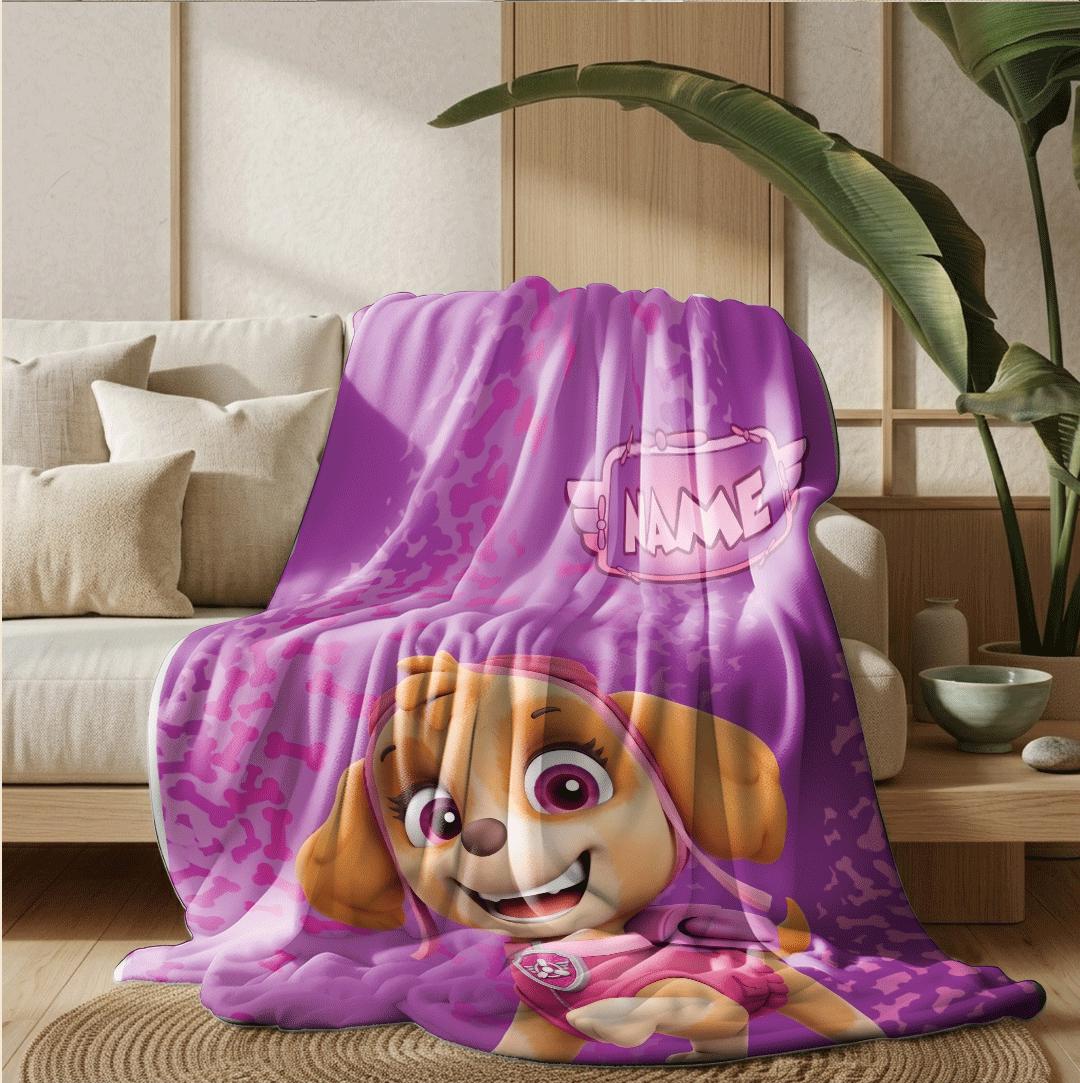PAW Patrol Skye Blanket, Pink Bone Pattern Throw, Cartoon Rescue Pup Bedding, Girls Room Gift