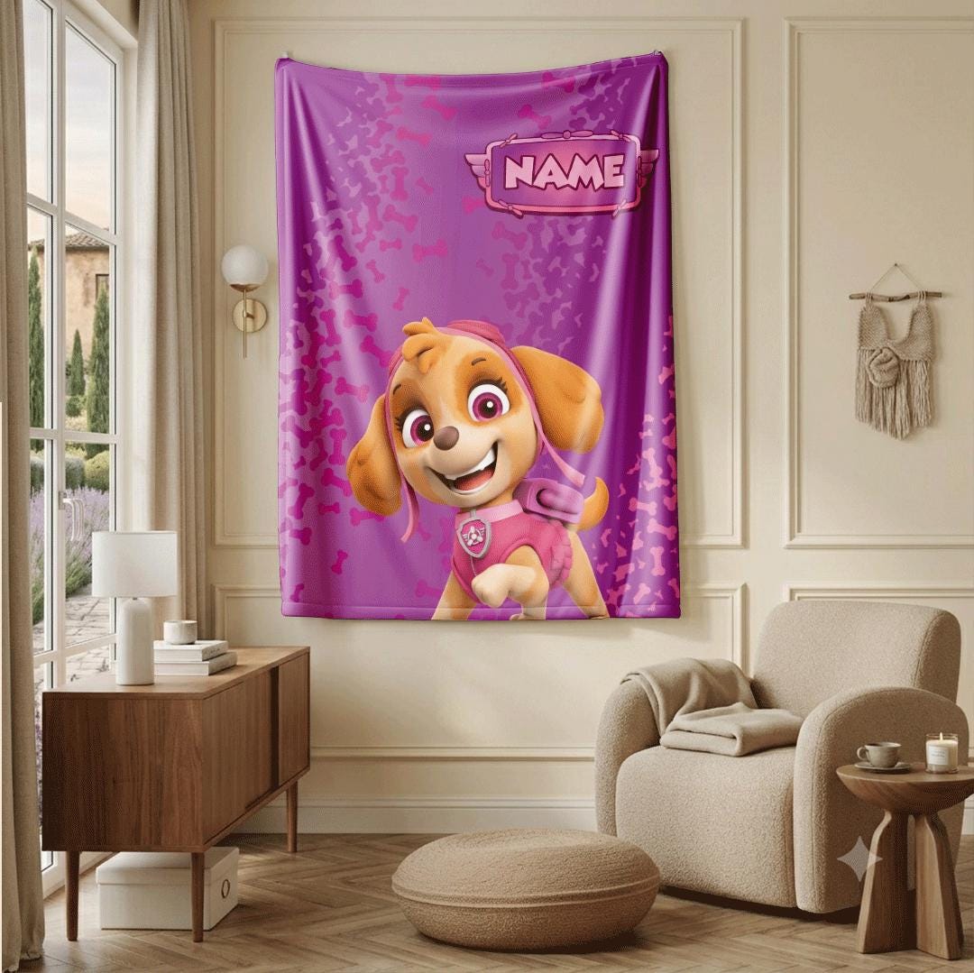 PAW Patrol Skye Blanket, Pink Bone Pattern Throw, Cartoon Rescue Pup Bedding, Girls Room Gift