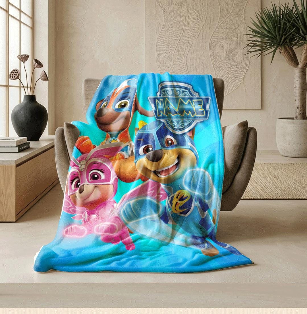 PAW Patrol Mighty Pups Blanket, Blue Sunburst Hero Throw, Superhero Squad Bedding, Kids Gift