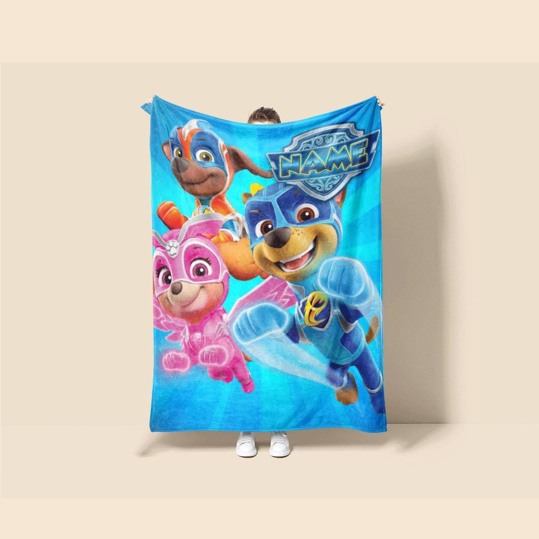 PAW Patrol Mighty Pups Blanket, Blue Sunburst Hero Throw, Superhero Squad Bedding, Kids Gift