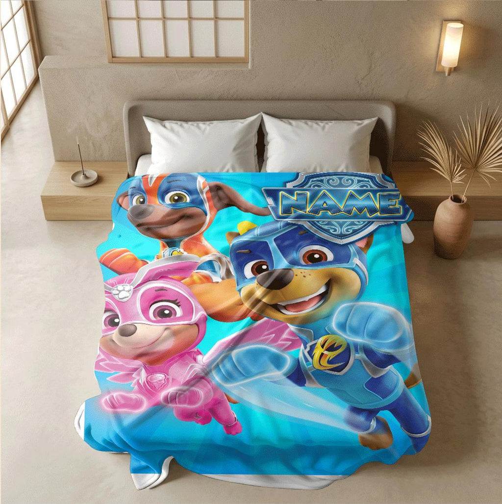 PAW Patrol Mighty Pups Blanket, Blue Sunburst Hero Throw, Superhero Squad Bedding, Kids Gift
