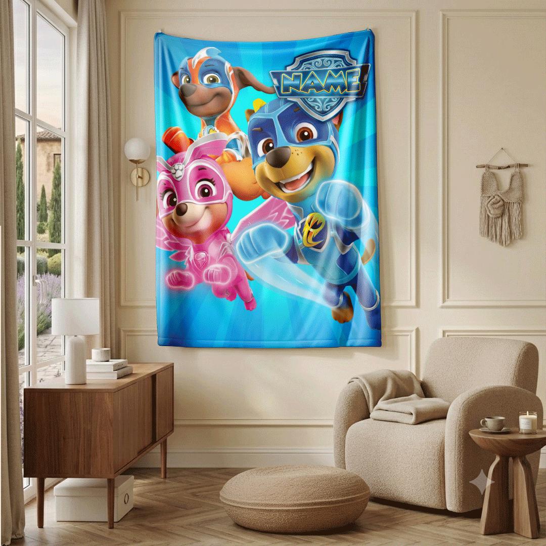 PAW Patrol Mighty Pups Blanket, Blue Sunburst Hero Throw, Superhero Squad Bedding, Kids Gift