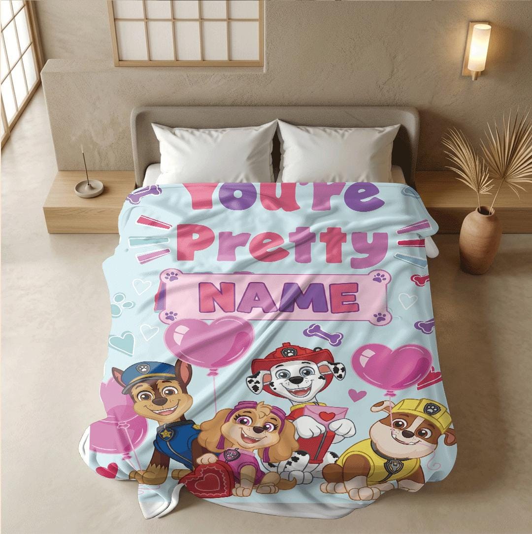 PAW Patrol Valentine Blanket, Heart Balloon Dog Throw, Sweet Squad Bedding, Kids Party Gift