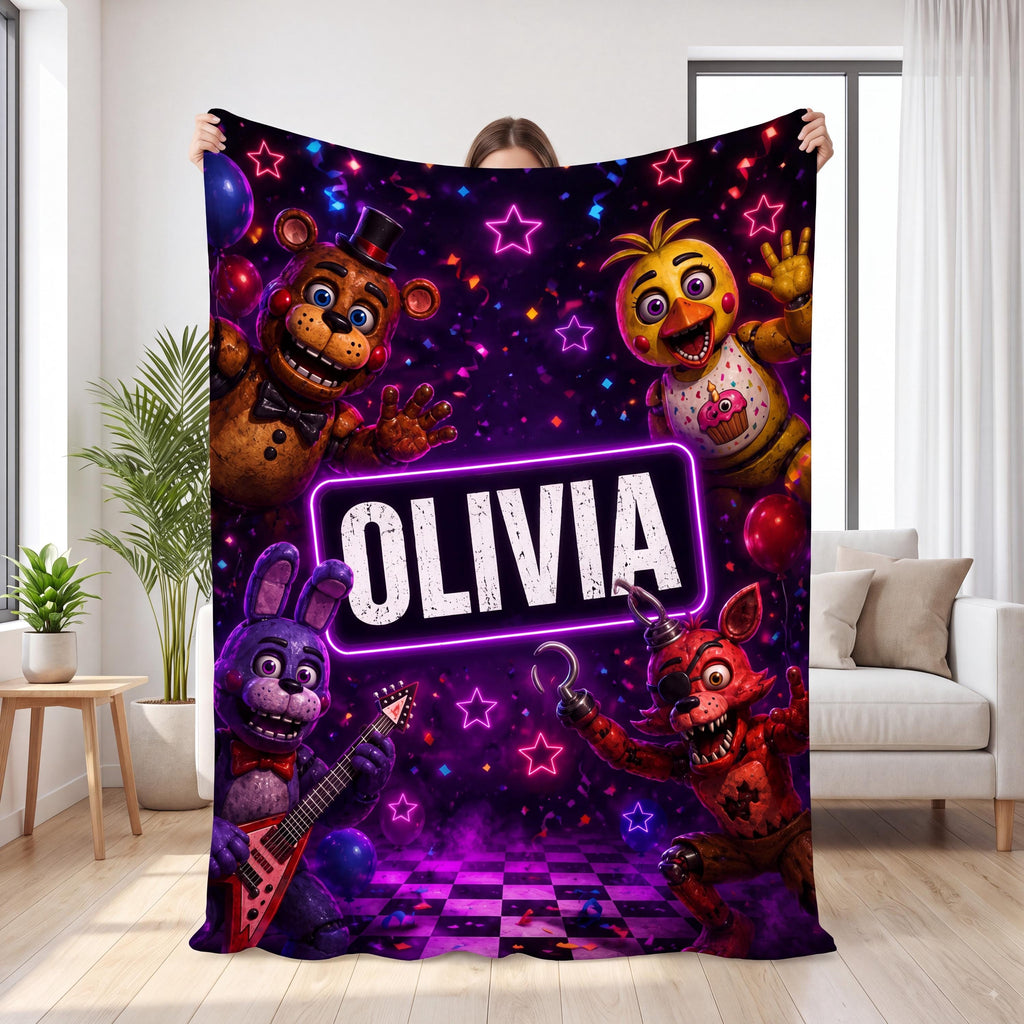 Custom FNAF Blanket, Personalized Five Nights Flannel Throw, Neon Gaming Merch, Custom Name Gamer Birthday Gift for Kids Room Bedding