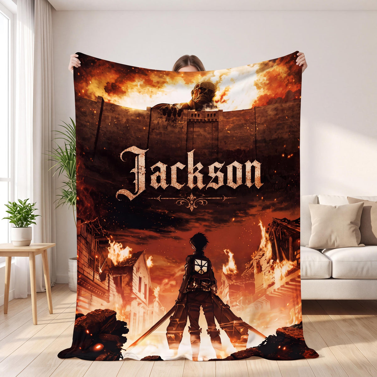 Personalized AOT SNK Flannel Blanket Custom Name Anime Lover Gift Epic Giant Monster Wall Scene Throw Cozy Japanese Animation Bedding