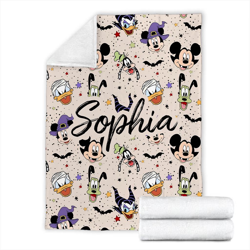 Personalized Spooky Name Blanket, Custom Mickey and Friends Halloween Throw Blanket, Spooky Season Gift, Cozy Fleece Bedding, Spooky Blanket